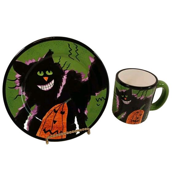 Halloween Lillian Vernon Vintage Black Cat 8" Dessert Plate 12oz Coffee Mug READ - Picture 1 of 8